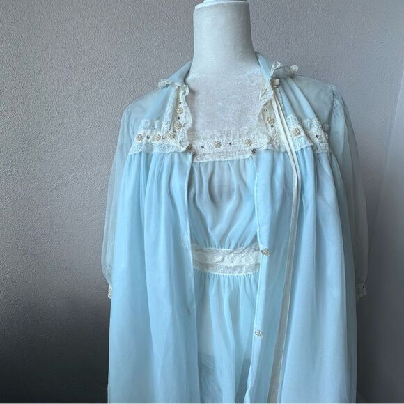 Tula Vintage 1940's Two Piece Set Nightgown Robe Blue Romantic Retro Lace Beaded - Picture 6 of 15